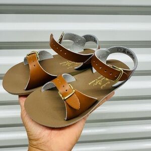 Classic Kids Tan Leather Strap Sandals with Gold Buckles